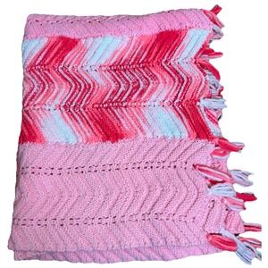 Handmade Pink Crochet Afghan Blanket Ripple Chevron 37x59" Acrylic Yarn Throw